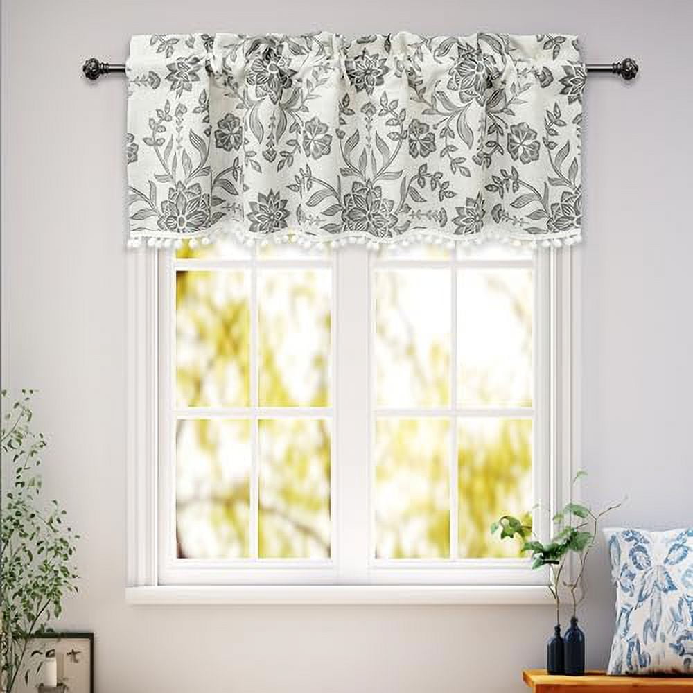 Ivory Gray Floral Linen Blend Room Darkening Valance with Pom Pom Trim