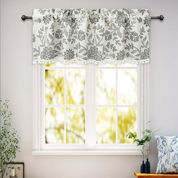 DriftAway Twyla Linen Blend Blackout Valance for Kitchen with Bottom Pom Pom Trim Boho Floral Printed Lined Rod Pocket Room Darkening Linen Curtain for Living Room Bedroom 52x15 Inch Ivory Gray