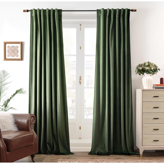 DriftAway Velvet Blackout Curtains Green Room Darkening Curtains 102 Inch Long 2 Panel Set Super Soft luxury Thermal Insulated Drapes for living room Back Tab and Rod Pocket Olive Green 52 inch wide