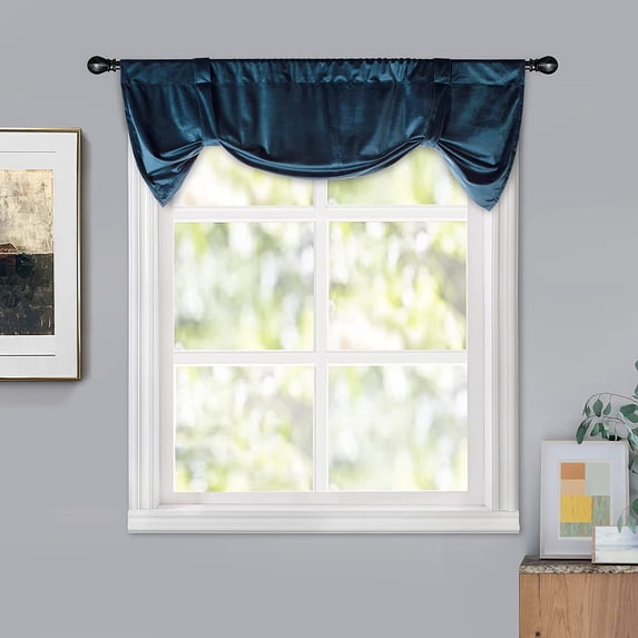 DriftAway Velvet Tie Up Valance for Kitchen 20 Inches Long Rod Pocket Room Darkening Tie up Shade Adjustable Short Curtain for Small Window Bathroom Living Room Bedroom 1 Panel Peacock Blue