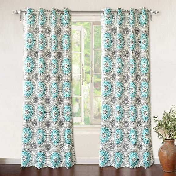 Driftaway Bella Room Darkening Grommet Unlined Window Curtains, Set Of Two Panels, Each 52”X84” (Aqua/Gray)