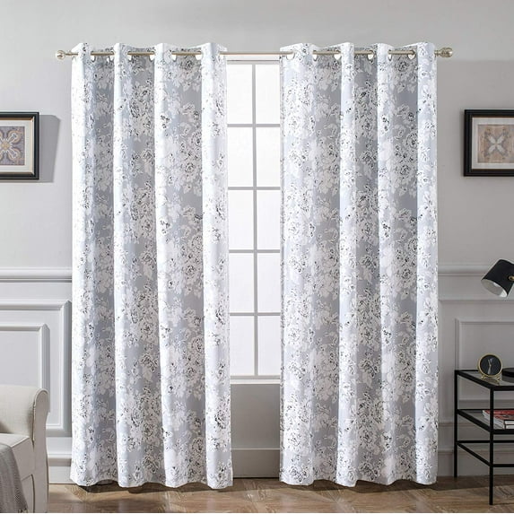 Driftaway Flower/Floral Pencil Sketch Blackout/Room Darkening Grommet Lined Thermal Insulated Energy Saving Window Curtains, 2 Layer, Set Of Two Panels, Each 52"X84" (Gray And Soft White)