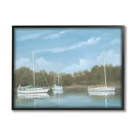 Drifting Boats Nautical Marina Landscape Painting Black Framed Art Print Wall Art