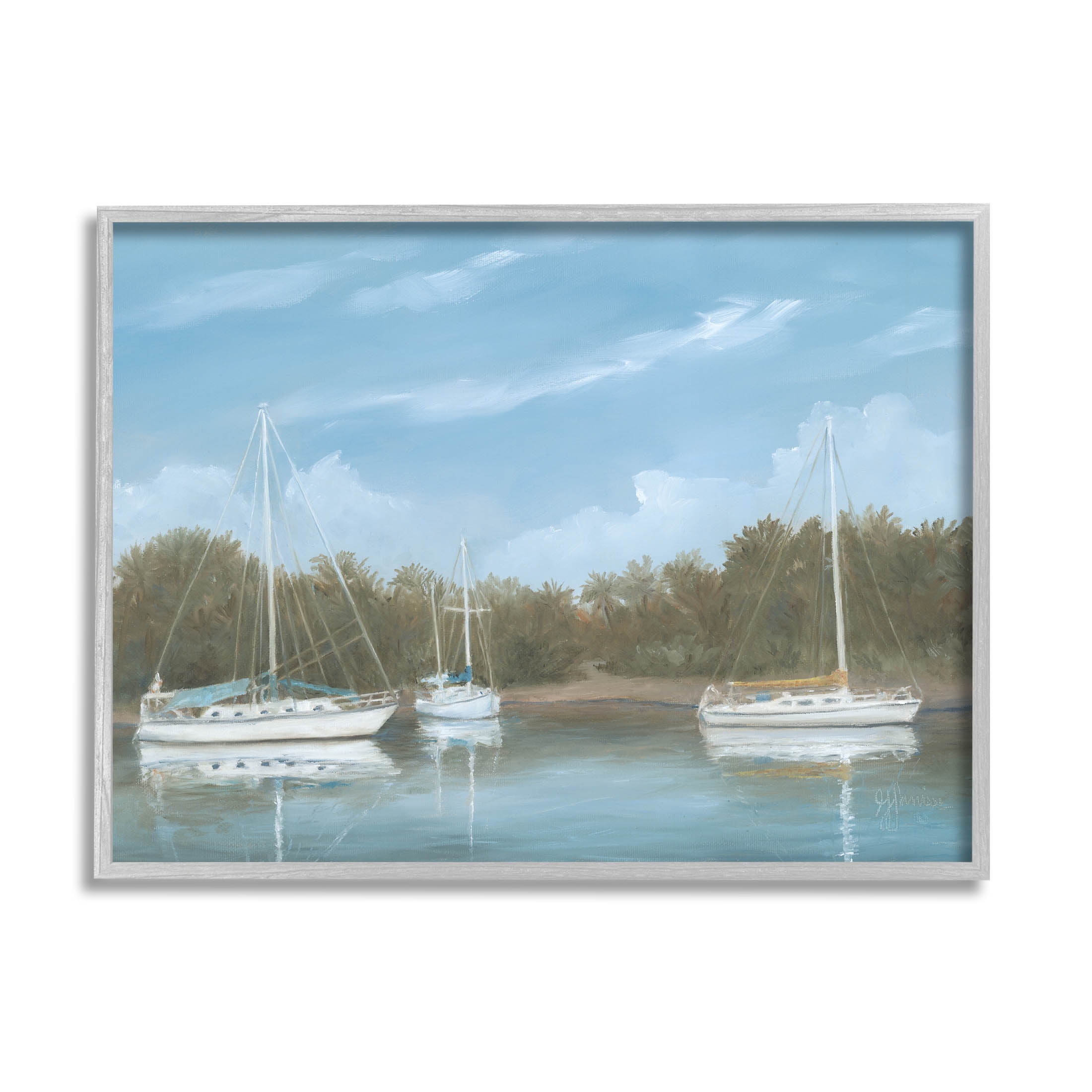 Drifting Boats Nautical Marina Landscape Painting Gray Framed Art Print Wall Art