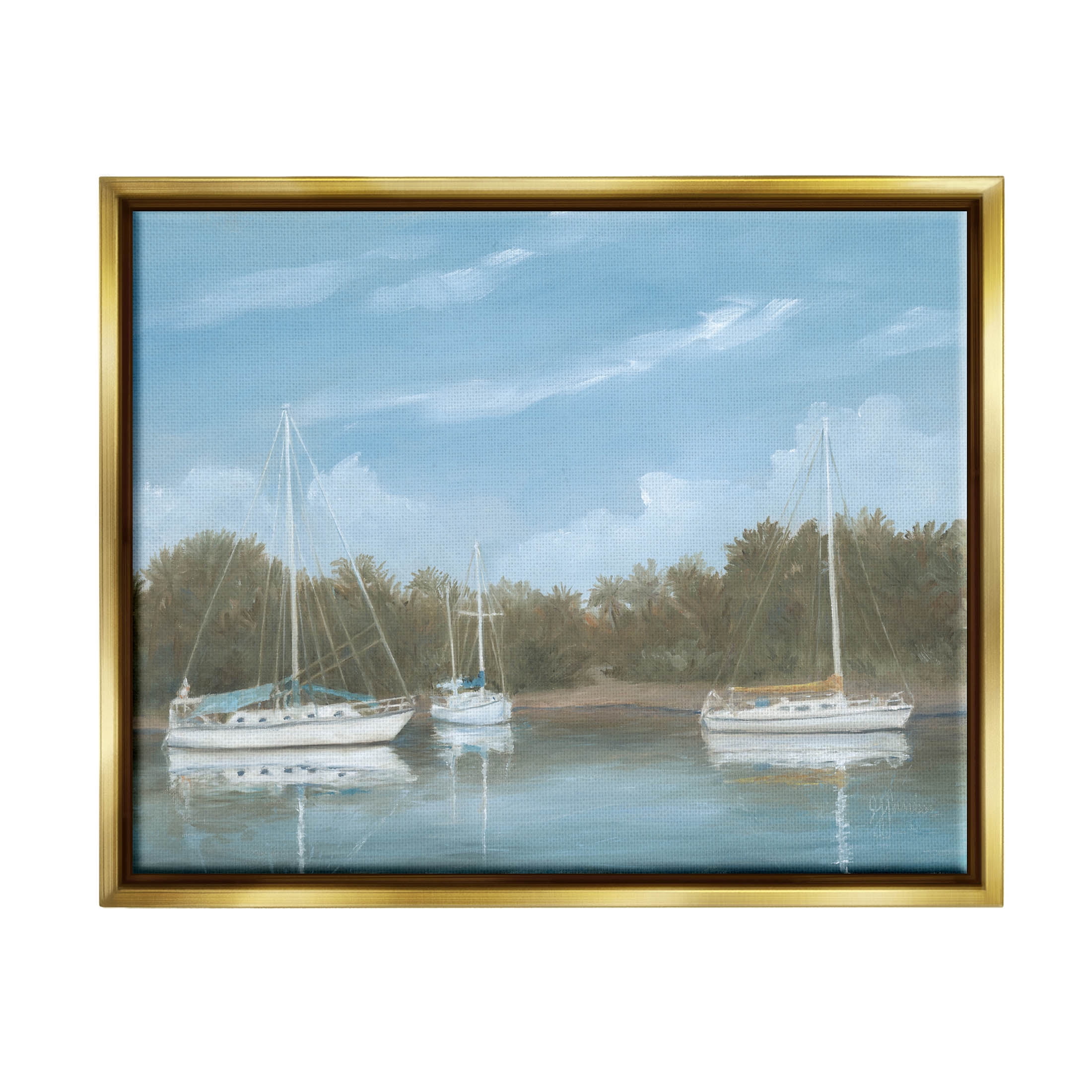 Drifting Boats Nautical Marina Landscape Painting Metallic Gold Framed Art Print Wall Art