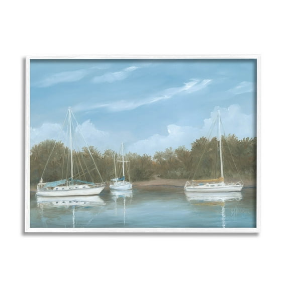 Drifting Boats Nautical Marina Landscape Painting White Framed Art Print Wall Art