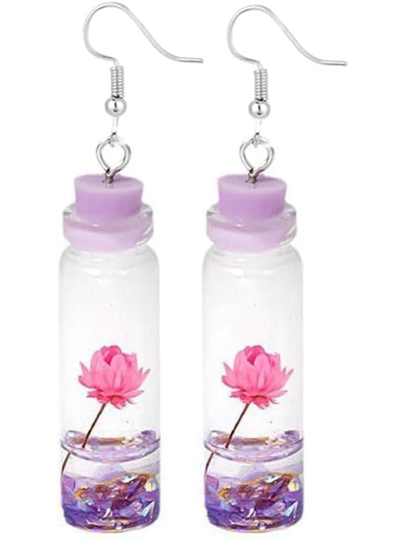 Drifting Bottle Dangle Drop Earring for Women Unique Transparent Acrylic Faux 3D Pink Flower Elegant Pendant Hanging Fish Hook Promise Statement Eternity Jewelry Gift for Daughter Girlfriend Bff Xmas
