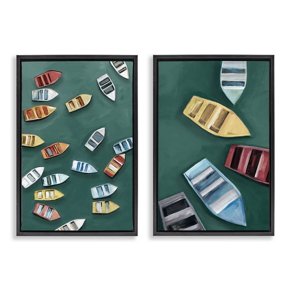 Stupell Industries Drifting Colorful Rowboats 2 Piece Black Framed Floater Canvas Set, design by Hannah Dawson, 25 x 17