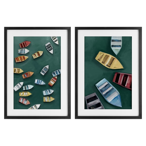 Stupell Industries Drifting Colorful Rowboats 2 Piece Black Framed Print Under Glass Set, design by Hannah Dawson, 20 x 14