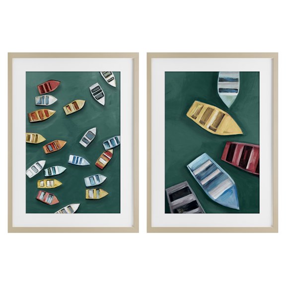 Stupell Industries Drifting Colorful Rowboats 2 Piece Birch Framed Print Under Glass Set, design by Hannah Dawson, 23 x 17