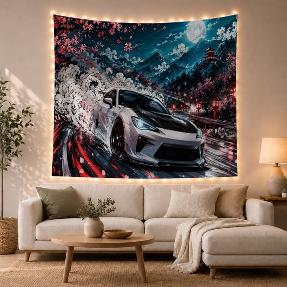 Drifting Sports Car on Moonlit Mountain with Cherry Blossoms Dramatic Digital Art for JDM Enthusiasts Japanese Art Wall Decor Birthday Gift Tapestry Wall Hanging for Bedroom and Living Room