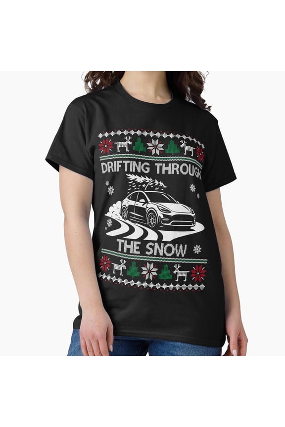 Drifting Through the Snow Tesla EV Christmas Auto Holiday Unisex T-Shirt, up to size 5XL