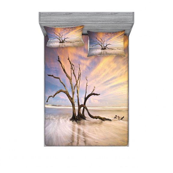 Driftwood Bedding Set with Sheet & Covers, Seascape Theme Dead Tree Driftwood in the Ocean at Sunset Landscape Print, Printed Bedroom Decor 2 Shams, 4 Sizes, Beige and Orange, by Ambesonne