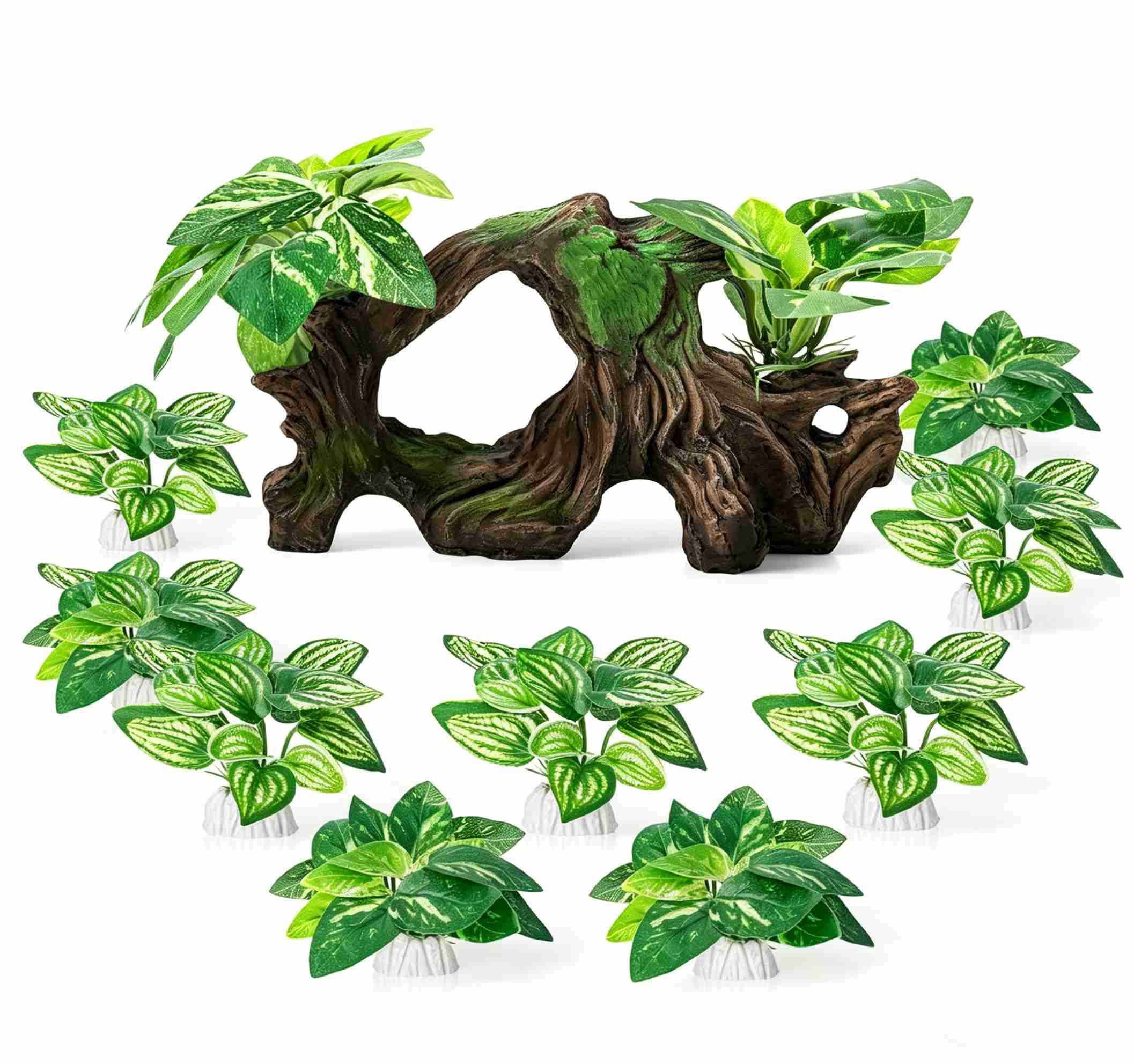 Driftwood Cave Aquarium Decor Set of 8, Silk Aquarium Plants Leaves for Aquarium Decoration and Fish Tank Decoration