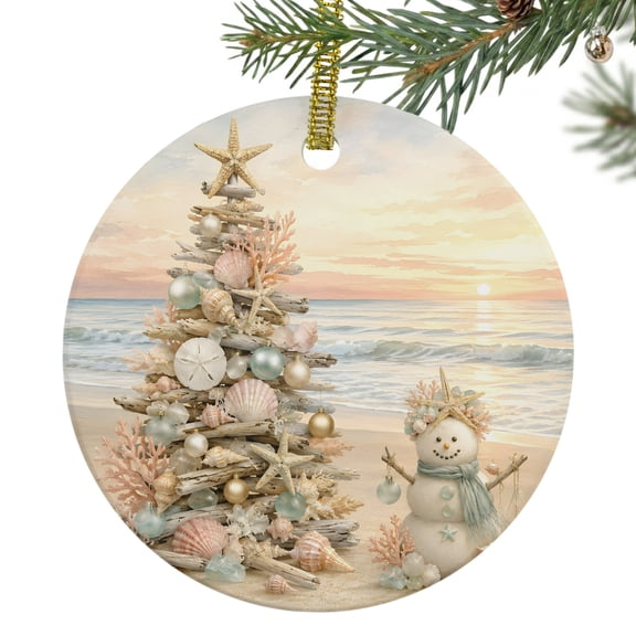 Driftwood Christmas Tree Ceramic Ornament 3 Inch Coastal Beach Seashell Snowman Pink Round Porcelain Christmas Ornaments with Gold String for Holiday Party Xmas Tree Decor Gift for Friends Family
