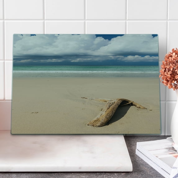 Driftwood Cutting Board, Driftwood on the Beachnd Cloudy Sky Coming Storm Theme Digital Image, Decorative Tempered Glass Cutting and Serving Board, Large Size, Sand Brown and Blue, by Ambesonne