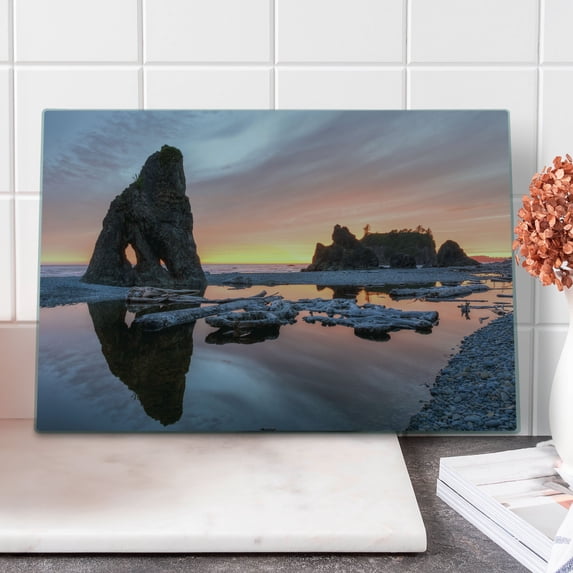 Driftwood Cutting Board, Setting Sun Theme Sea Stacks and Wood at Ruby Beach Digital Image, Decorative Tempered Glass Cutting and Serving Board, Large Size, Orange and Grey, by Ambesonne