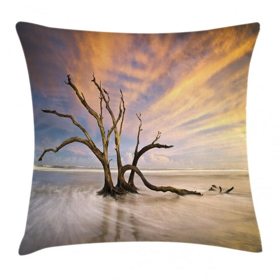 Driftwood Decor Throw Pillow Cushion Cover, Seascape Theme Dead Tree Driftwood in the Ocean at Sunset Landscape, Decorative Square Accent Pillow Case, 18 X 18 Inches, Beige and Orange, by Ambesonne