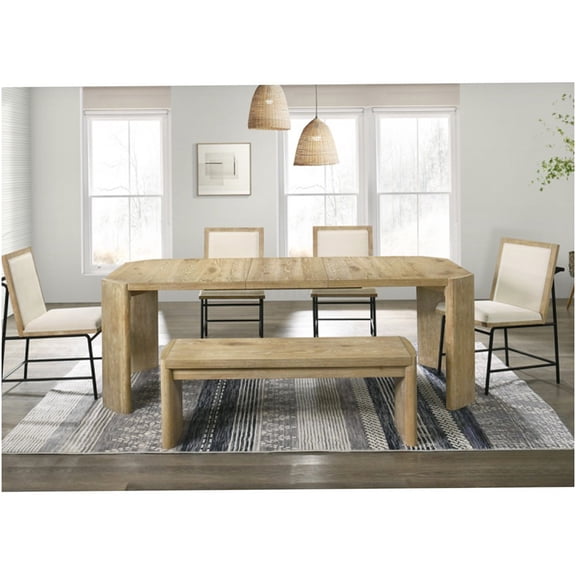 Driftwood Dining Table Set with Extension Leaf and Bench, 6-Piece Contemporary Rubberwood Dining Room Set for 6
