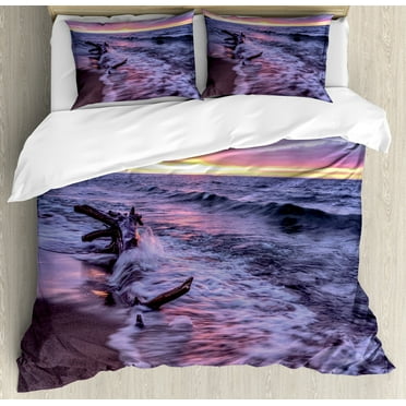 Driftwood Duvet Cover Set, Driftwood Beach Landscape Wavy Sea and Cloudy Sky at Sunset Digital Image Print, Decorative 3 Piece Bedding Set with 2 Pillow Shams, Calking Size, Blue Grey, by Ambesonne