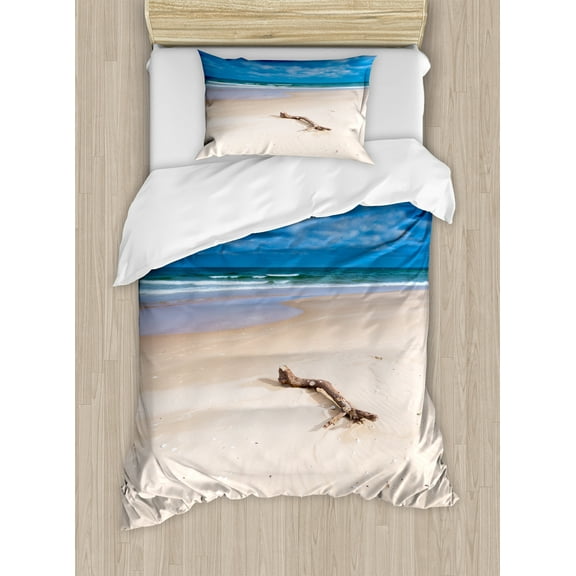 Driftwood Duvet Cover Set, Driftwood on the Deserted Sandy Beach and the Cloudy Sky Digital Style Image, Decorative 2 Piece Bedding Set with 1 Pillow Shams, Twin Size, Beige and Blue, by Ambesonne