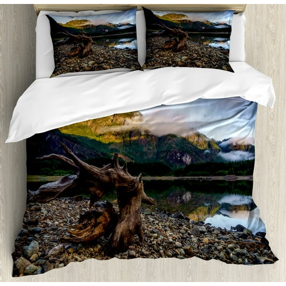 Driftwood Duvet Cover Set, Landscape of a Mountain Lake and Cloudy Sky Driftwood on Rocky Shoreline, Decorative 3 Piece Bedding Set with 2 Pillow Shams, Calking Size, Blue and Brown, by Ambesonne