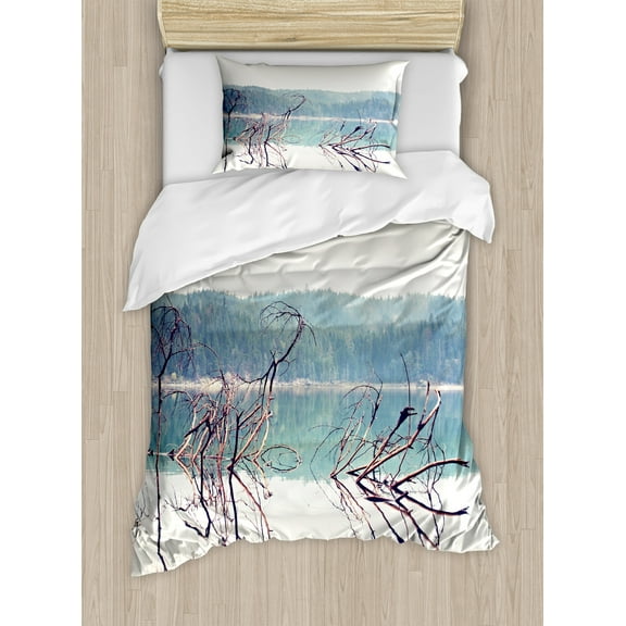 Driftwood Duvet Cover Set, Nature Theme Branch of the Fallen Tree near the Mountain Lake and the Forest, Decorative 2 Piece Bedding Set with 1 Pillow Shams, Twin Size, Cream Green, by Ambesonne