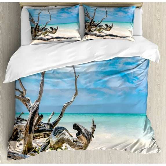 Driftwood Duvet Cover Set Queen Size, Seascape Theme Branches on the Sandy Beach of Cuba and the Sky Image, Decorative 3 Piece Bedding Set with 2 Pillow Shams, Turquoise Sky Blue, by Ambesonne