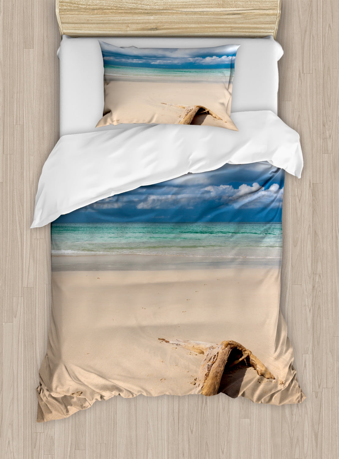 Twin Sand Brown and Blue Coastal Duvet Cover Set