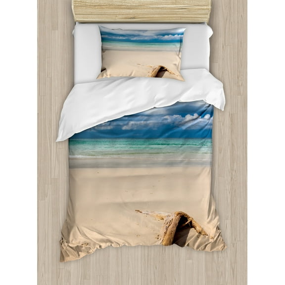 Driftwood Duvet Cover Set, Sea Theme Driftwood on the Sandy Beach and Cloudy Sky Digital Style Print, Decorative 2 Piece Bedding Set with 1 Pillow Shams, Twin Size, Sand Brown Blue, by Ambesonne