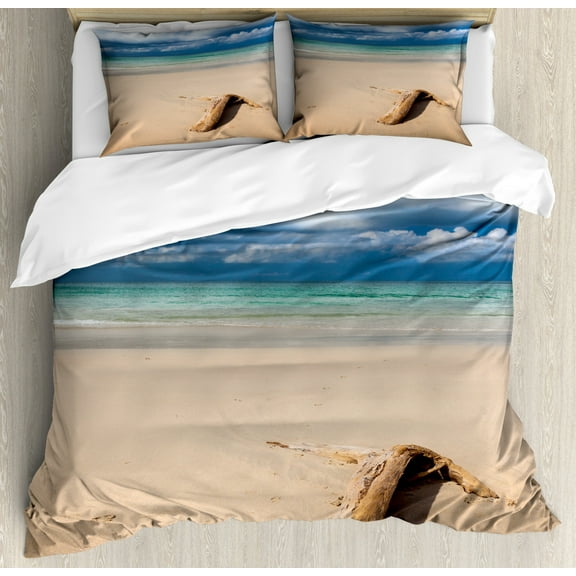 Driftwood Duvet Cover Set, Sea Theme Driftwood on the Sandy Beach and Cloudy Sky Digital Style Print, Decorative 3 Piece Bedding Set with 2 Pillow Shams, Queen Size, Sand Brown Blue, by Ambesonne