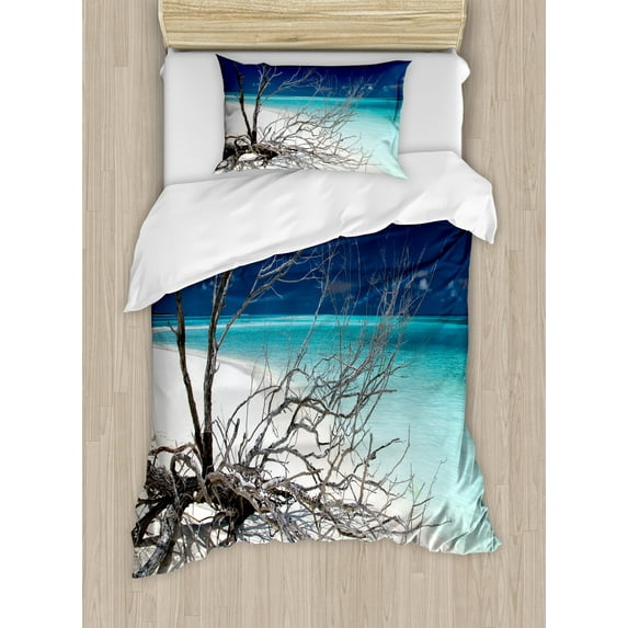 Driftwood Duvet Cover Set, Seascape Theme Driftwood on the White Sandy Beach Coastal Digital Image, Decorative 2 Piece Bedding Set with 1 Pillow Shams, Twin Size, Turquoise and Blue, by Ambesonne