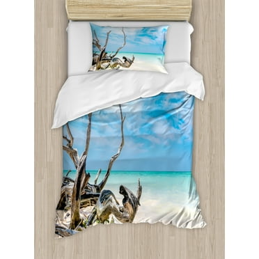Driftwood Duvet Cover Set Twin Size, Seascape Theme Branches on the Sandy Beach of Cuba and the Sky Image, Decorative 2 Piece Bedding Set with 1 Pillow Sham, Turquoise Sky Blue, by Ambesonne
