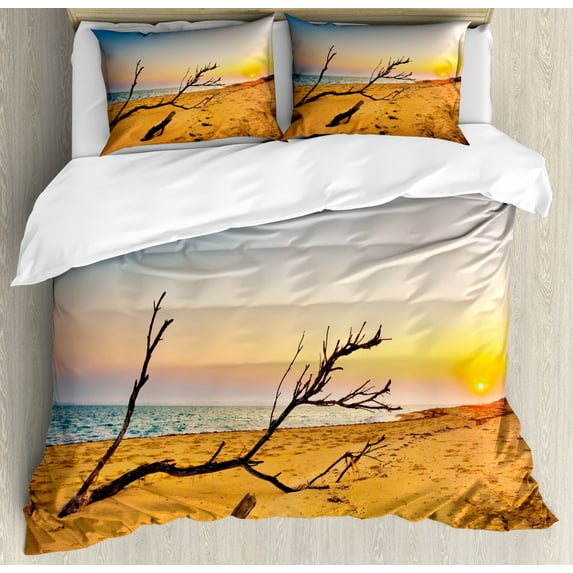 Driftwood Duvet Cover Set, Washed up Driftwood on the Sandy Shoreline at Sunrise Digital Image, Decorative 3 Piece Bedding Set with 2 Pillow Shams, Queen Size, Blue and Sand Brown, by Ambesonne