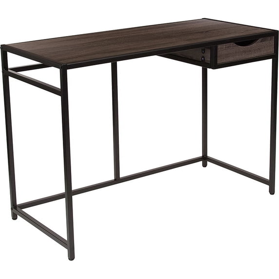 Driftwood Finish Computer Desk with Drawer and Black Metal Frame