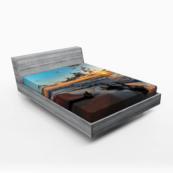 Ambesonne Sunset Fitted Sheet, Cloudy Sky Digital View, Queen Size, Sky Blue and Apricot