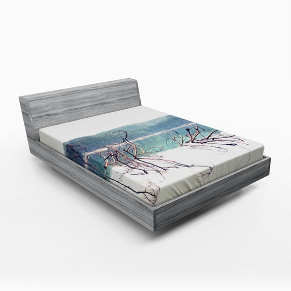 Ambesonne Nature Fitted Sheet, Fallen Tree in Beach, Full Size, Cream Green