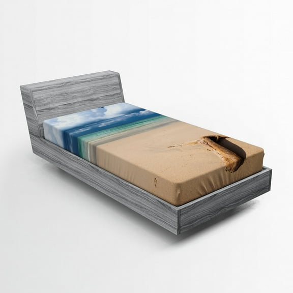 Driftwood Fitted Sheet, Sea Theme Driftwood on the Sandy Beach and Cloudy Sky Digital Style Print, Soft Decorative Fabric Bedding, Twin XL Size, Sand Brown Blue, by Ambesonne