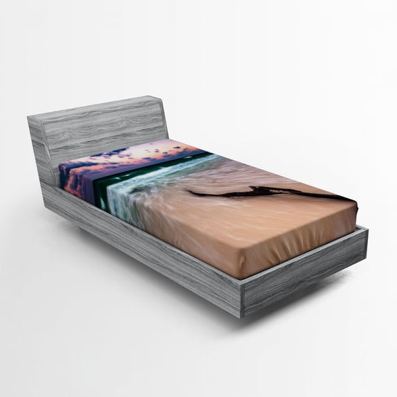 Driftwood Fitted Sheet, Seascape Theme with Driftwood on Deserted Beach at Sunset Digital Image, Soft Decorative Fabric Bedding, Twin XL Size, Sand Brown Apricot, by Ambesonne