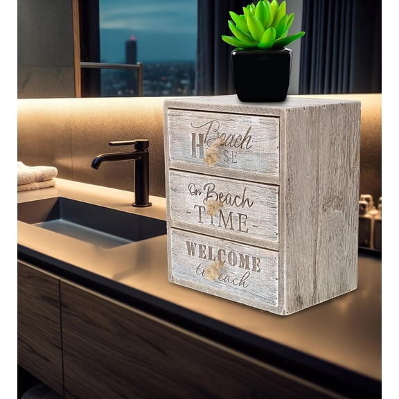 Driftwood Nautical 3 Drawer Storage Organizer - Wood 3 Tier Desk Box for Bathroom Vanity Office