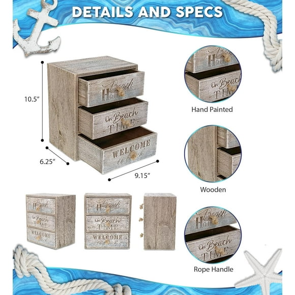 Driftwood Nautical 3 Drawer Storage Organizer - Wood Desk Top Box for Bathroom, Office, Vanity