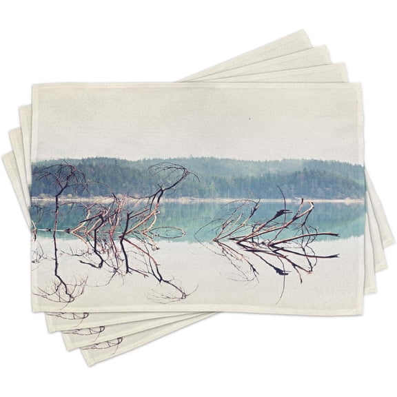 Driftwood Place Mats Set of 4, Nature Theme Branch of The Fallen Tree Near The Mountain Lake and The Forest, Washable Fabric Placemats for Dining Table, Standard Size, Cream Green