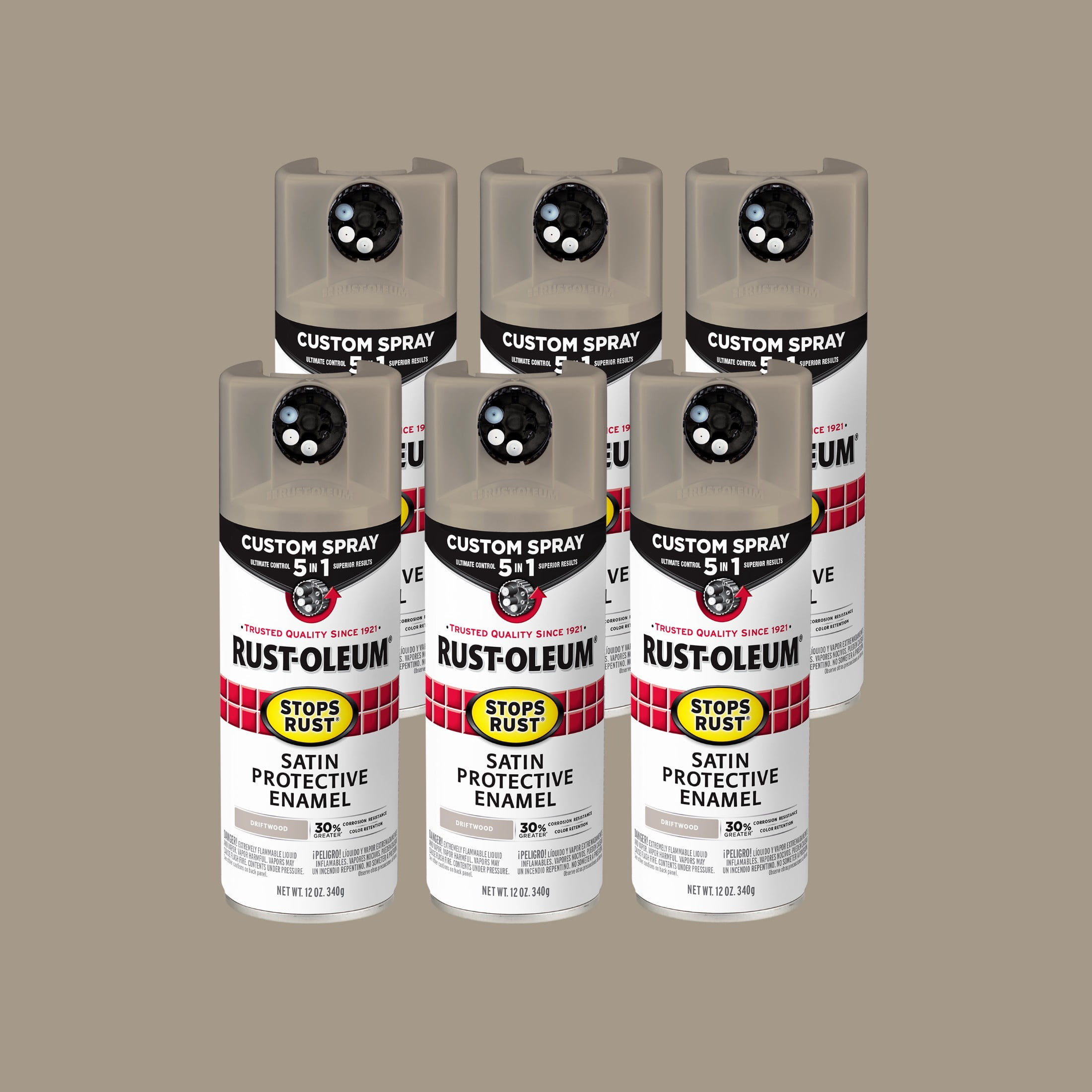 6 Pack, Driftwood, Rust-Oleum Stops Rust Custom Spray 5 in 1 Satin Spray Paint-376876, 12 oz