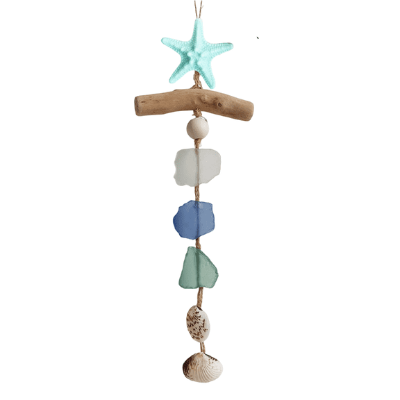 Driftwood Sea Glass Starfish Wall Hanging Green Seashell Wall Decor Nautical Beach Themed Hanging Ornament for Home Bathroom Bedroom Porch Single Pack