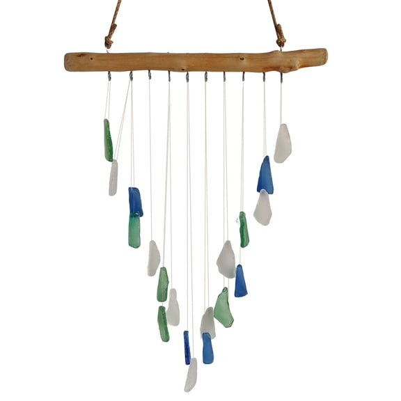 Driftwood Sea Glass Wind Chime, Bohemian Wall Decor, Blue Decor, Green Living Room Decor, Hanging Decor, Home Decorations for Living Room, Living Room Wall Decor, Outdoor Hanging