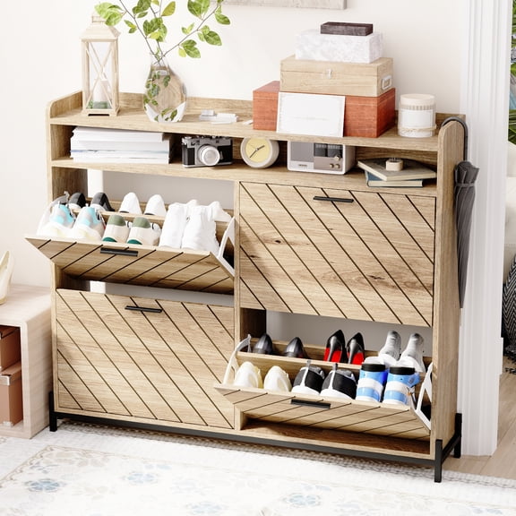 Driftwood Shoe Cabinet With Herringbone Pattern For A Distinctive Touch Flip Doors - Rustic Design Living Room Main Color 39.19 In. Height, 9.51 Width, 64.14 Lb Weight