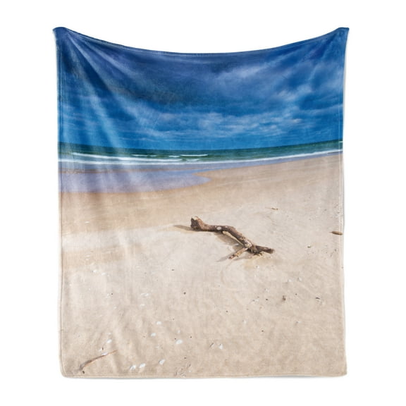 Driftwood Soft Flannel Fleece Blanket, Driftwood on the Deserted Sandy Beach and the Cloudy Sky Digital Style Image, Cozy Plush for Indoor and Outdoor Use, 50" x 70", Beige and Blue, by Ambesonne