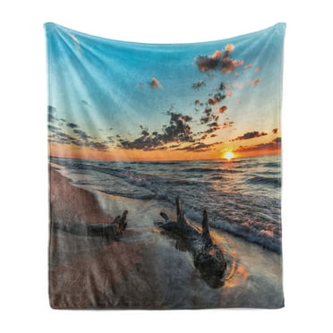 Driftwood Soft Flannel Fleece Blanket, Driftwood on a Lake at Sunset Landscape with Cloudy Sky Digital Image, Cozy Plush for Indoor and Outdoor Use, 50" x 70", Sky Blue and Apricot, by Ambesonne