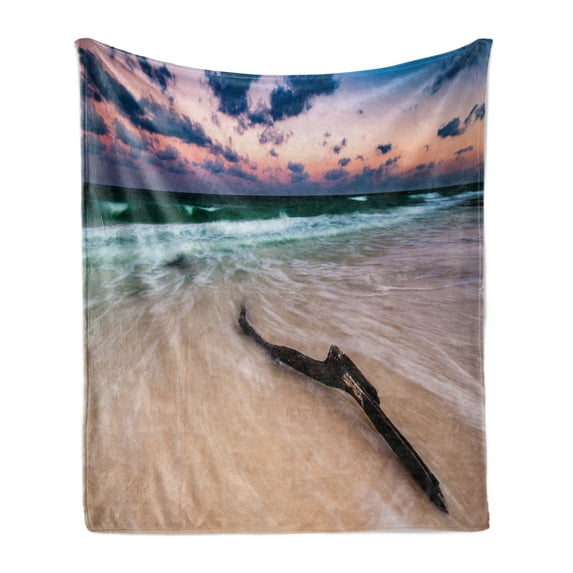 Driftwood Soft Flannel Fleece Blanket, Seascape Theme with Driftwood on Deserted Beach at Sunset Digital Image, Cozy Plush for Indoor and Outdoor Use, 70" x 90", Sand Brown Apricot, by Ambesonne
