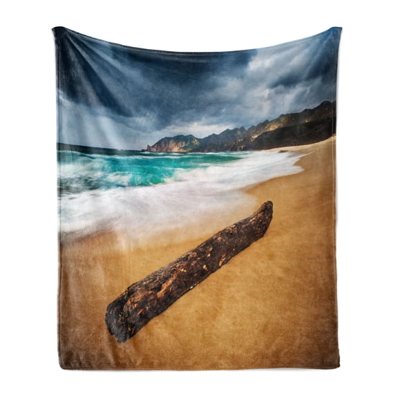 Driftwood Soft Flannel Fleece Blanket, Seascape Theme with Old Piece of Tree in the Beach with Stormy Weather Print, Cozy Plush for Indoor and Outdoor Use, 70" x 90", Blue and Ginger, by Ambesonne